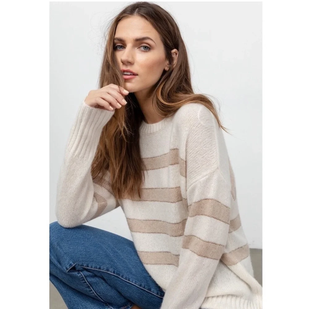 RAILS Ivory Jute Metallic Stripe Cashmere Silk Blend Sweater M - Picture 1 of 13